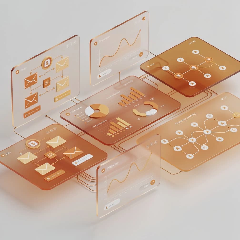 Isometric 3D illustration of CRM integration dashboard with marketing automation panels showing email workflows and customer journey analytics