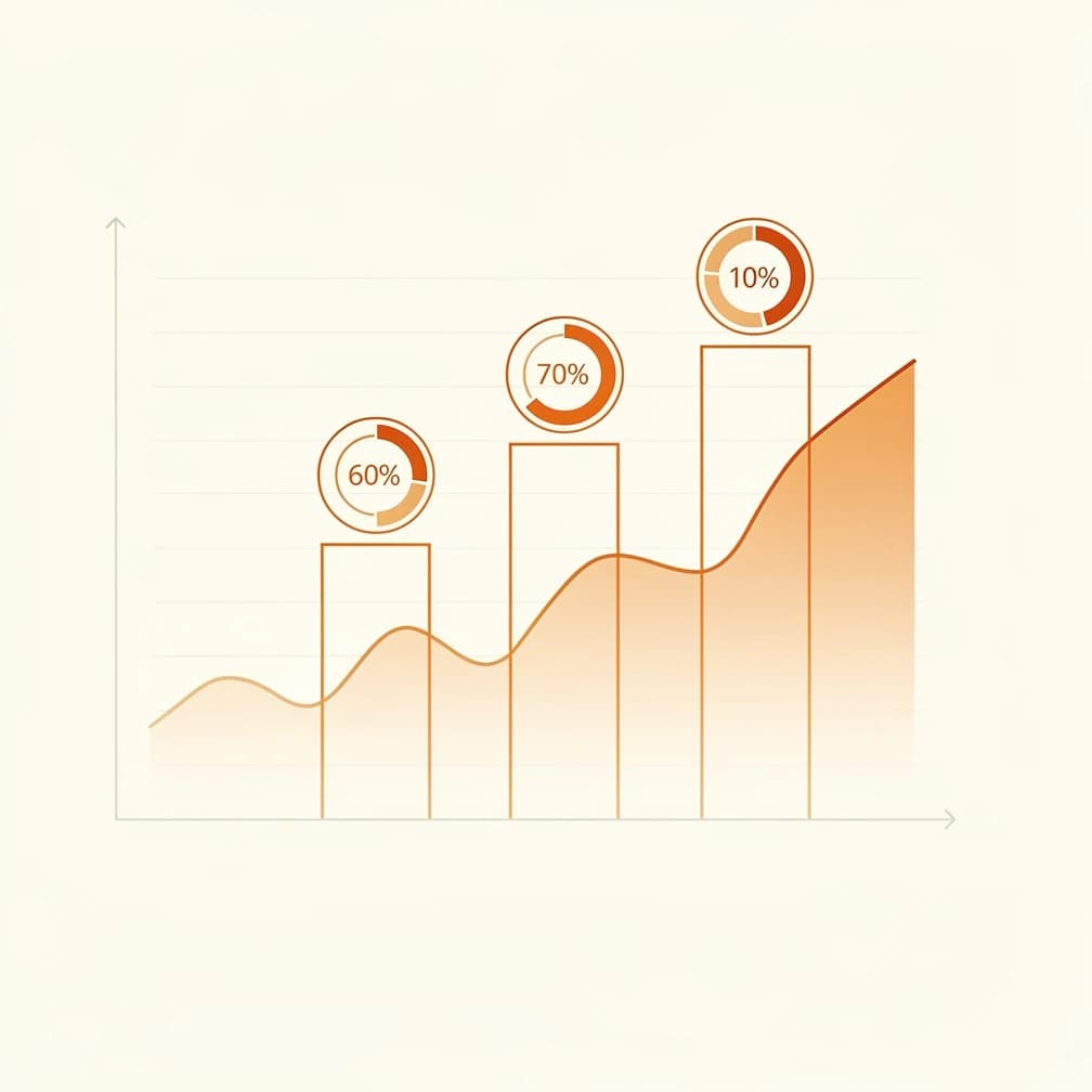 Minimal line art illustration of marketing automation ROI metrics with ascending bar charts and percentage indicators